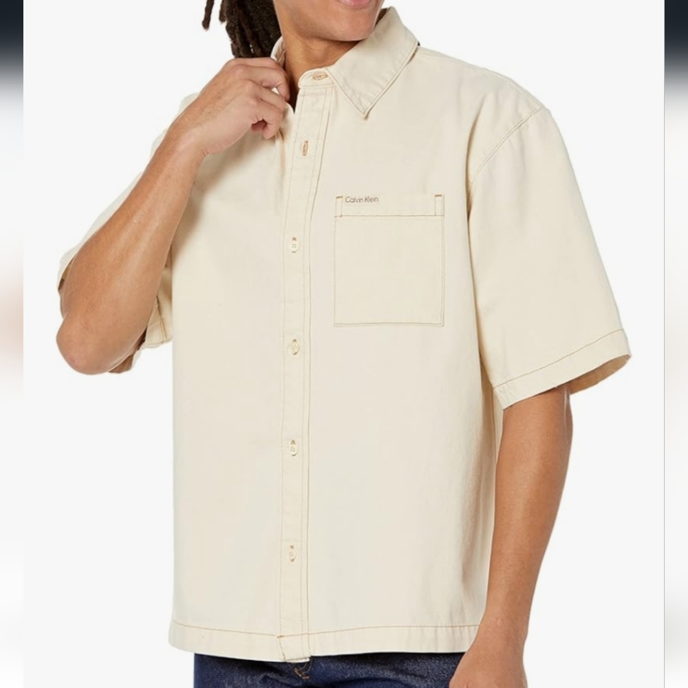 Calvin Klein Button Up Camp Shirt Collared Shortsleeve Mens XXL Cream Cotton